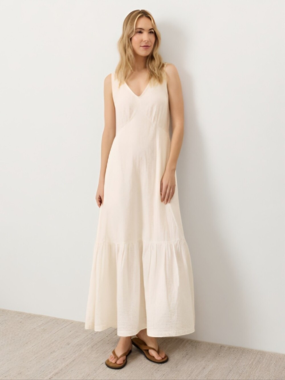 Sleeveless Cream V-Neck Maxi Dress